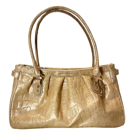 BRAHMIN Croc Embossed Leather Satchel Dual Handle Zipper Closure Cream Handbag - Picture 1 of 14